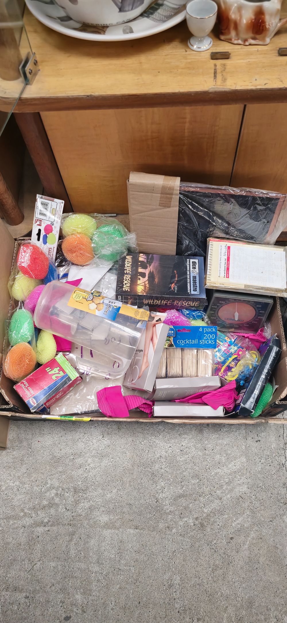 Lot 208: box of misc new items including tights kitchen items etc