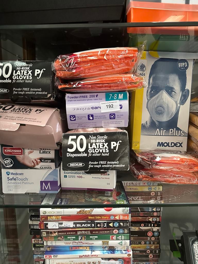Lot 192: large amount of new in box and package disposble gloves and box of disposable masks