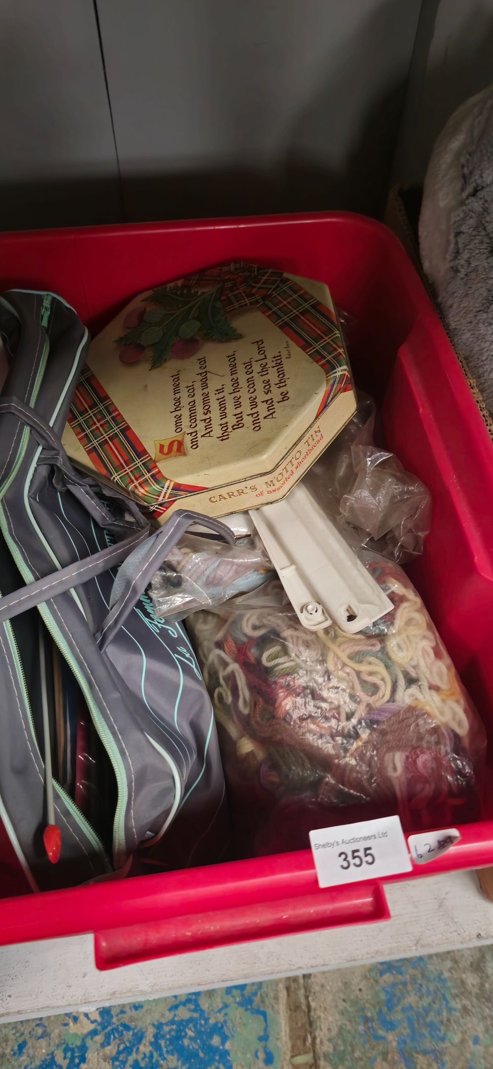 Lot 245: box containing knitting needles etc