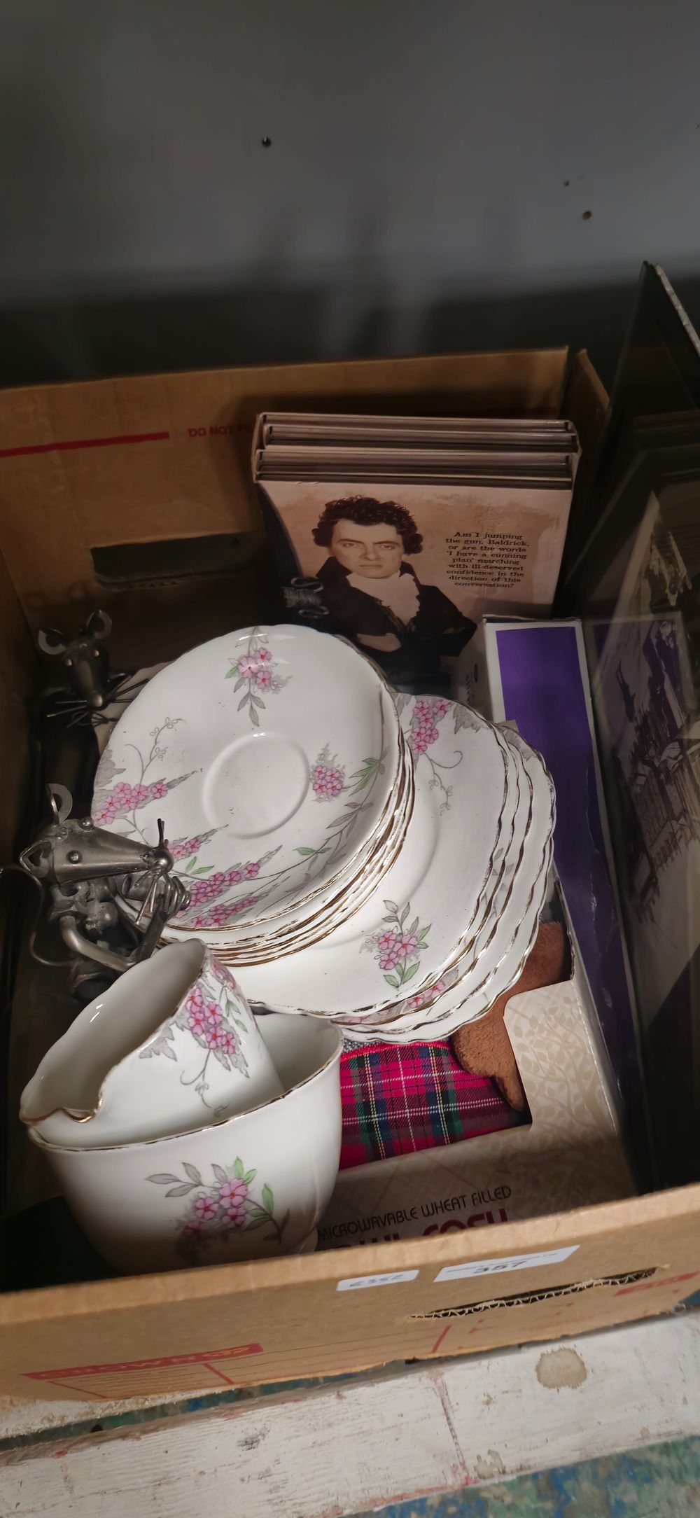 Lot 247: box containing pottery ware pictures etc