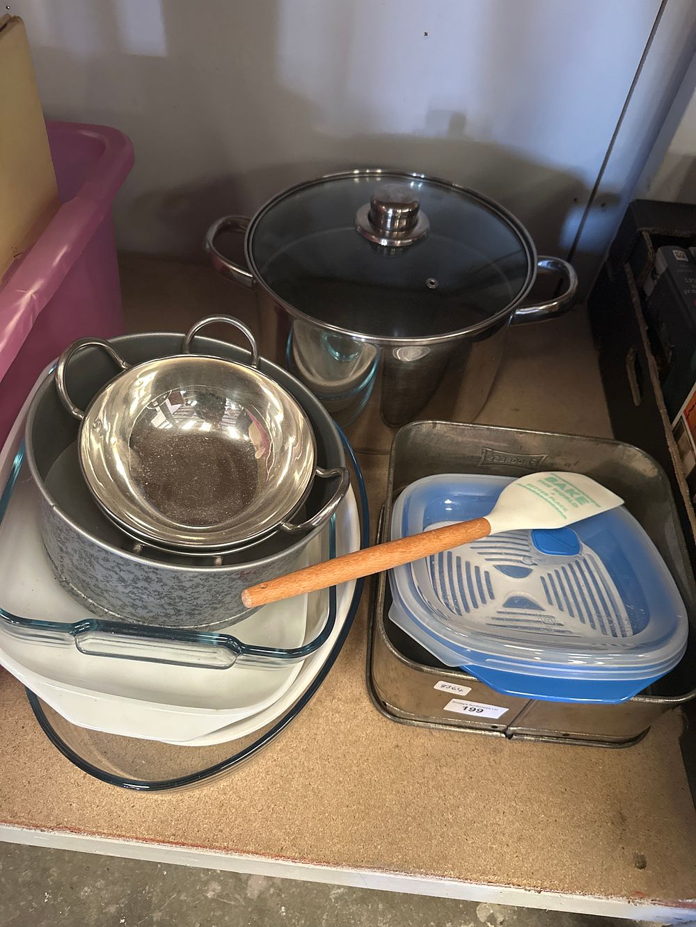 Lot 199: Selection of kitchen ware items pans cake tin etc