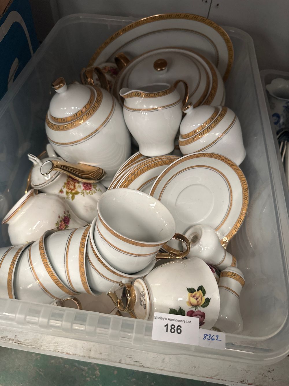 Lot 186: Box containing large amount of royal fine porcelain dinner and tea set items etc