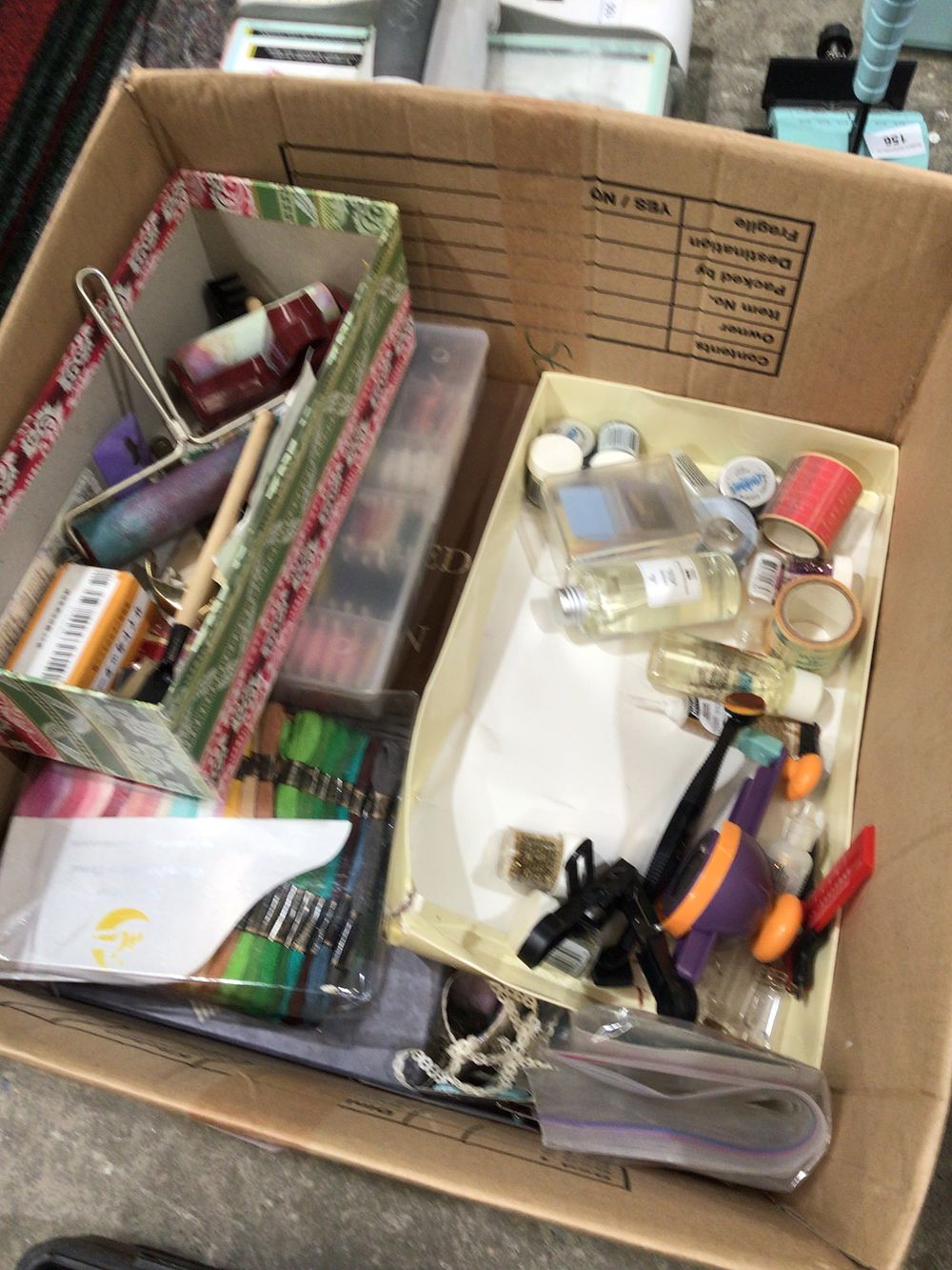 Lot 154: Box containing various crafting ware items and embroidery...