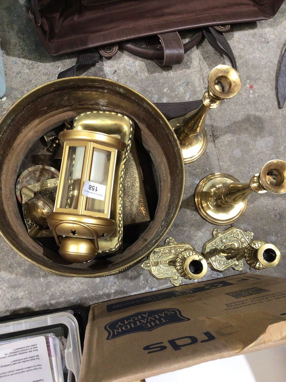 Lot 158: Selection of various brass ware items candle sticks...