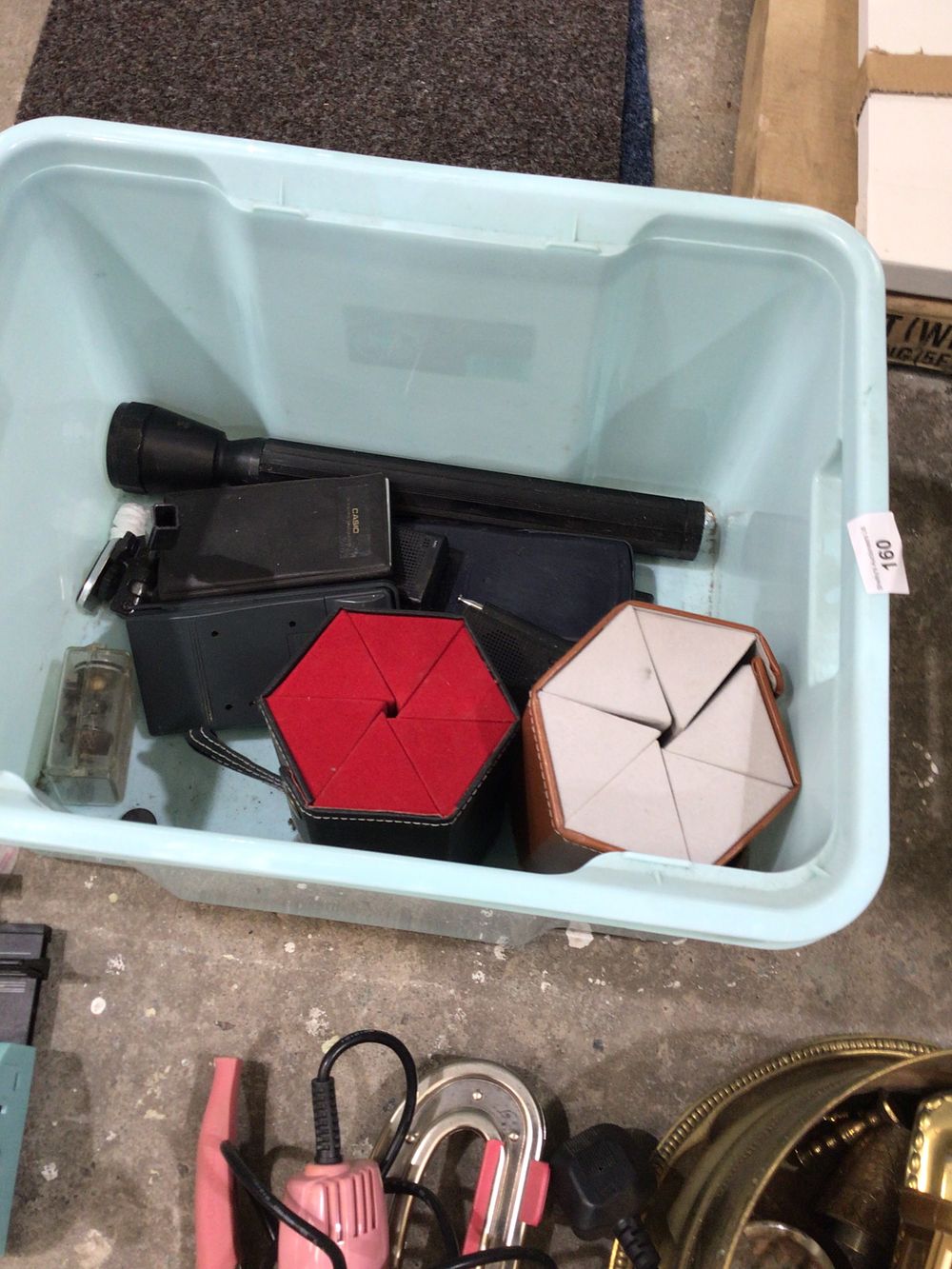 Lot 160: Box containing vintage calculators torch jewellery boxes etc