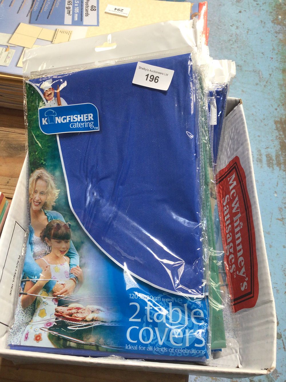 Lot 196: Box containing disposable table covers 12 packs in...