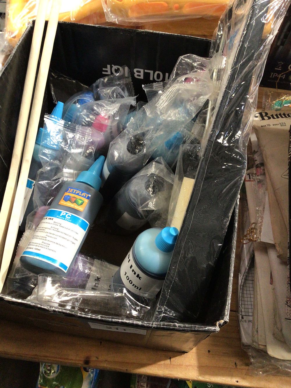 Lot 211: Box contains various computer ink refill bottles