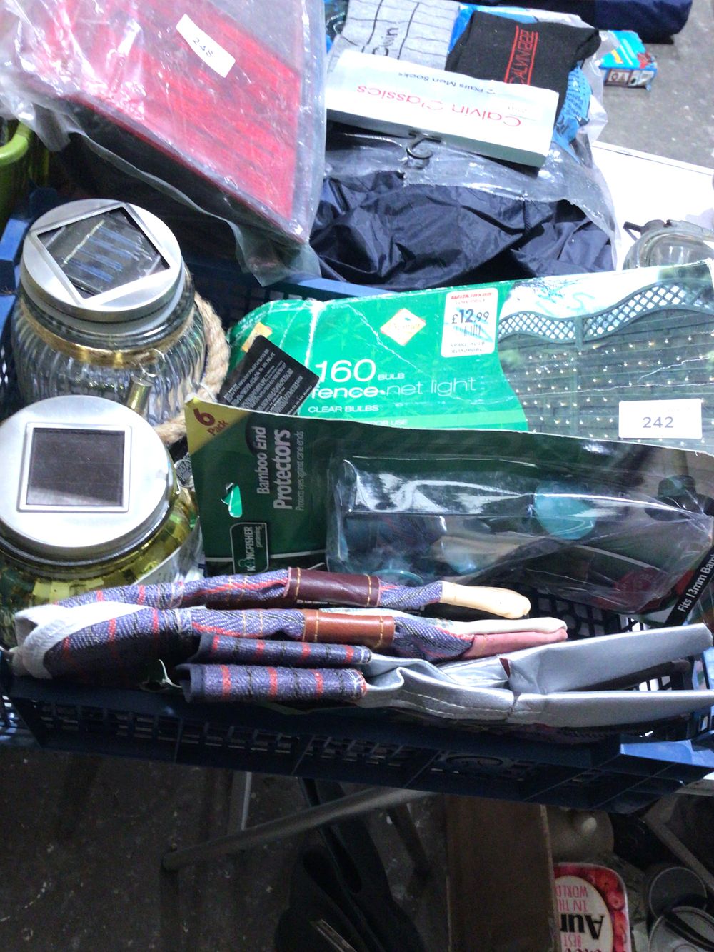 Lot 242: Box containing gardening gloves outdoor lights etc