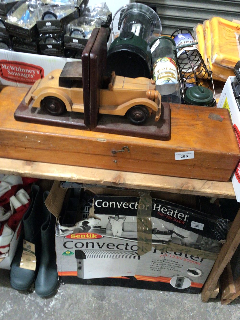 Lot 286: Empty wooden tool box with pair of wooden...