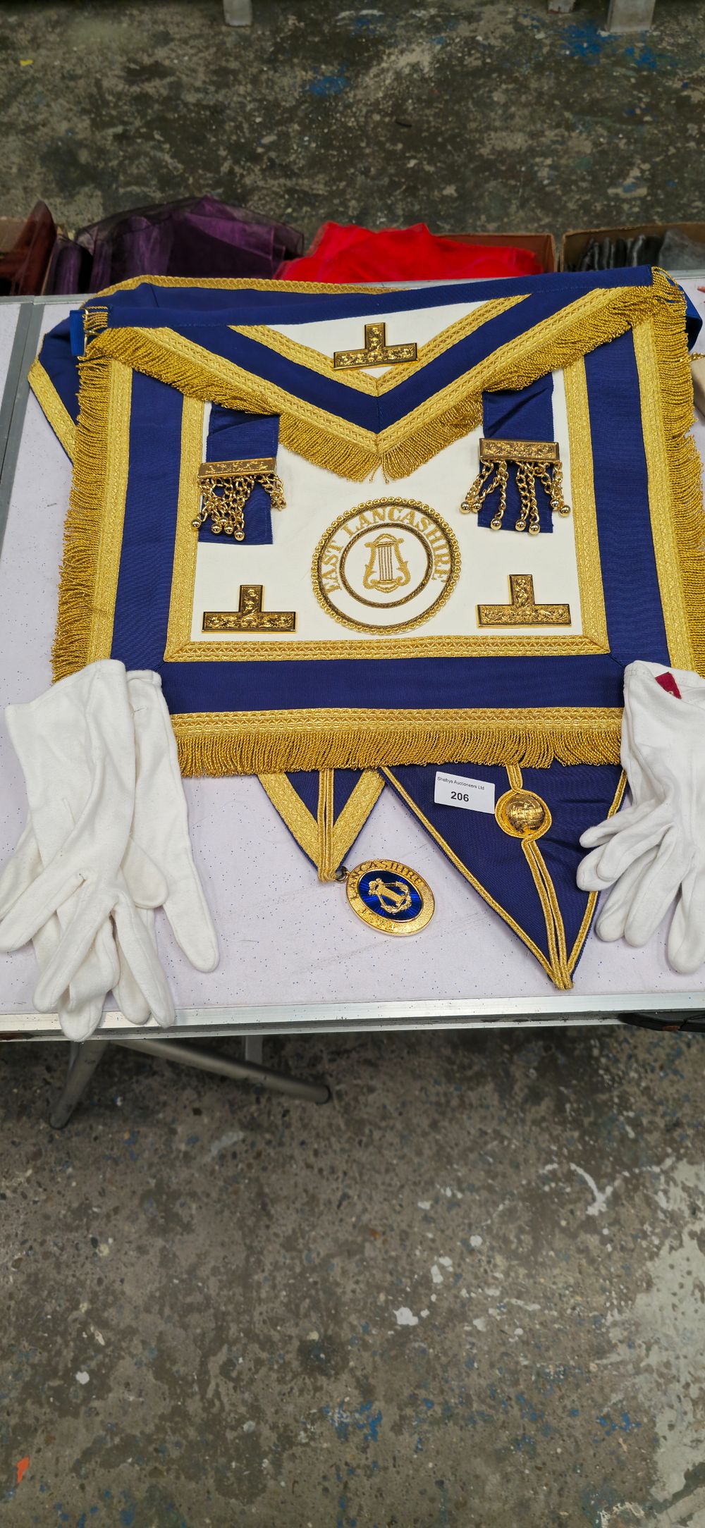 Lot 206: East Lancashire Freemasons dress apron with gloves