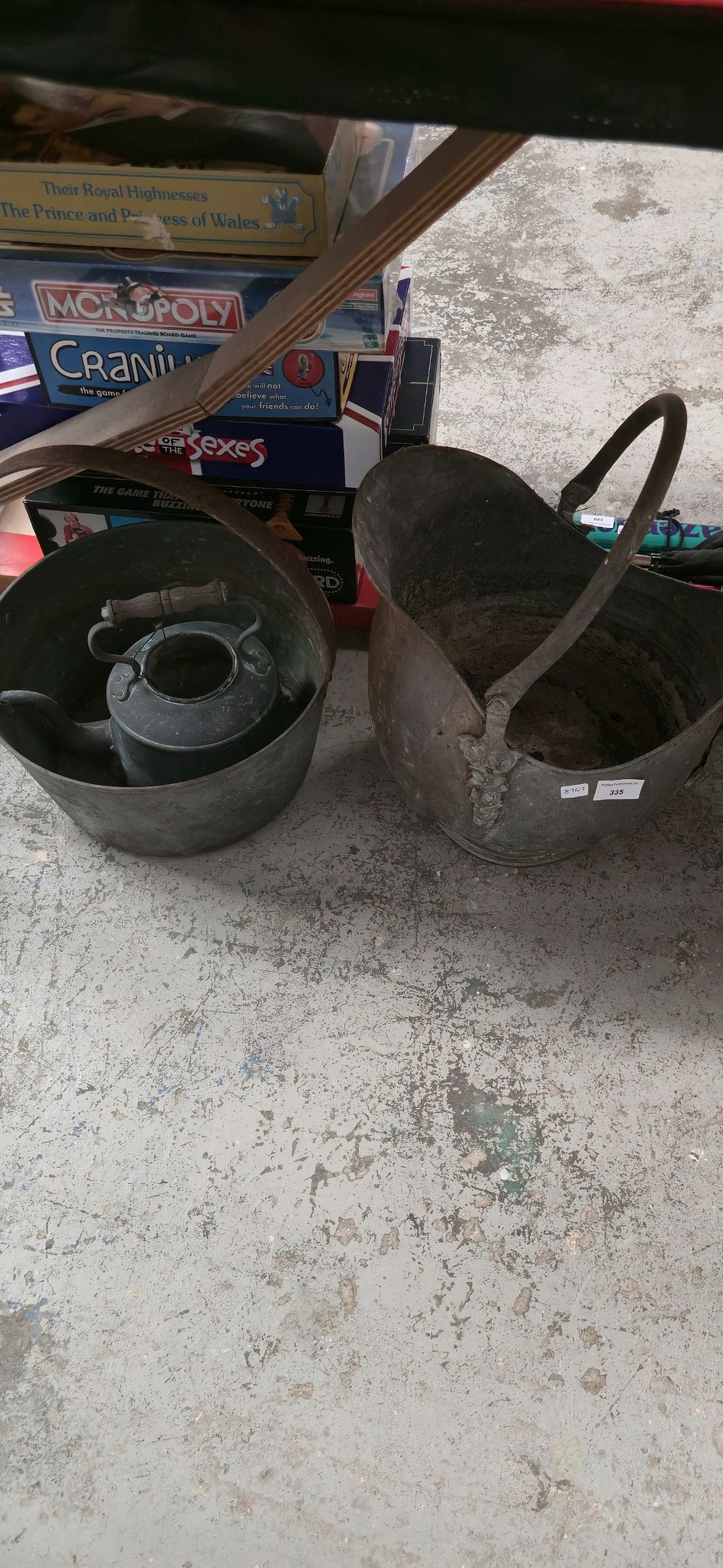 Lot 335: Large metal coal bucket with jam pan and...