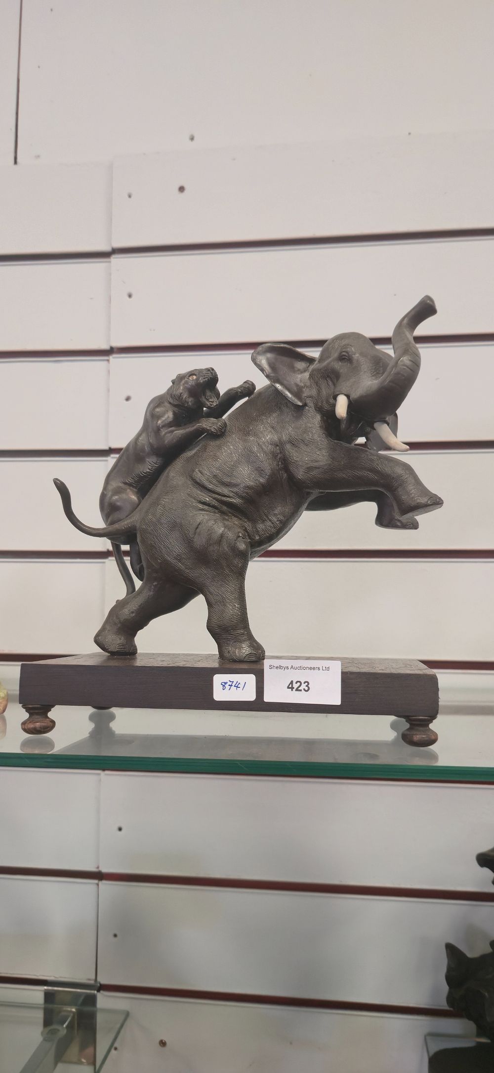 Lot 423: Antique Japanese bronze, possibly Meiji period elephant, fighting...