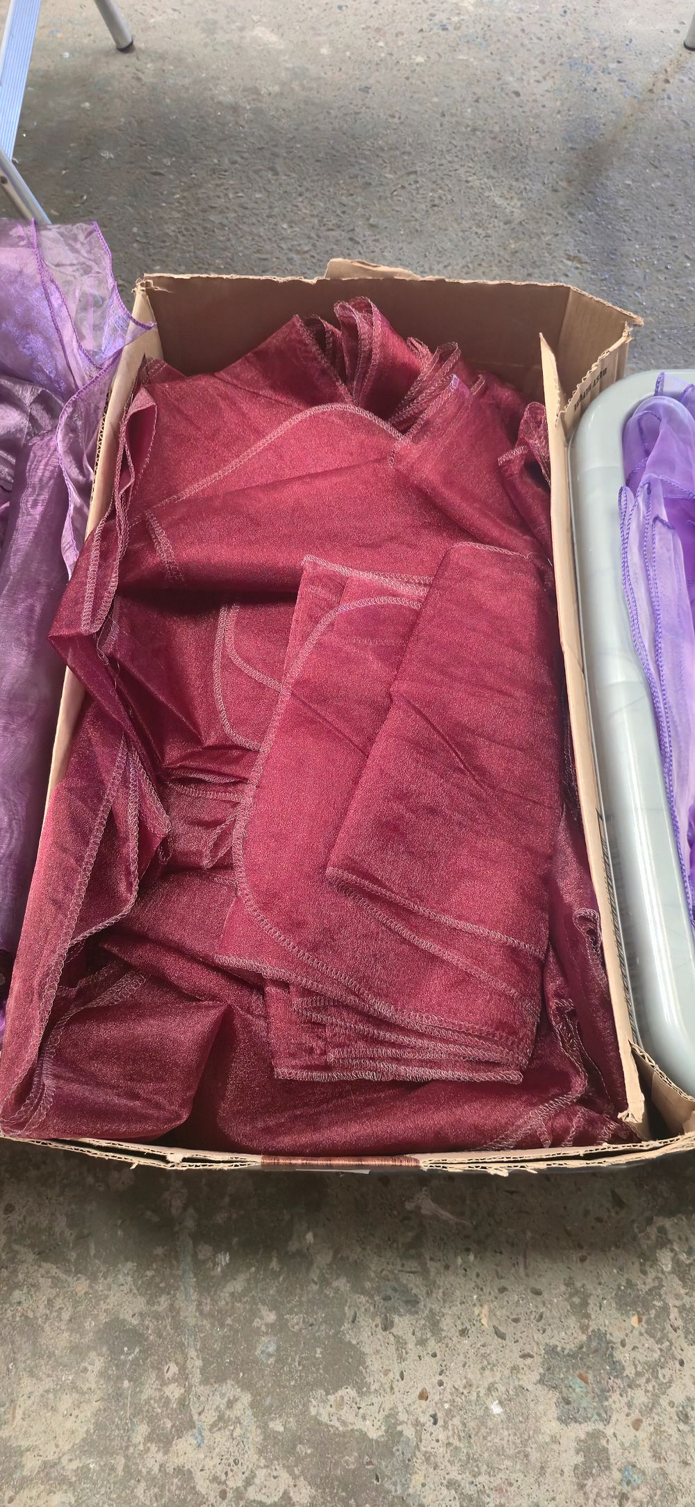 Lot 502: Box containing red chair, tiebacks