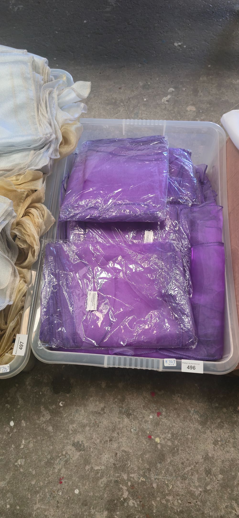 Lot 496: Box containing purple chair, tiebacks