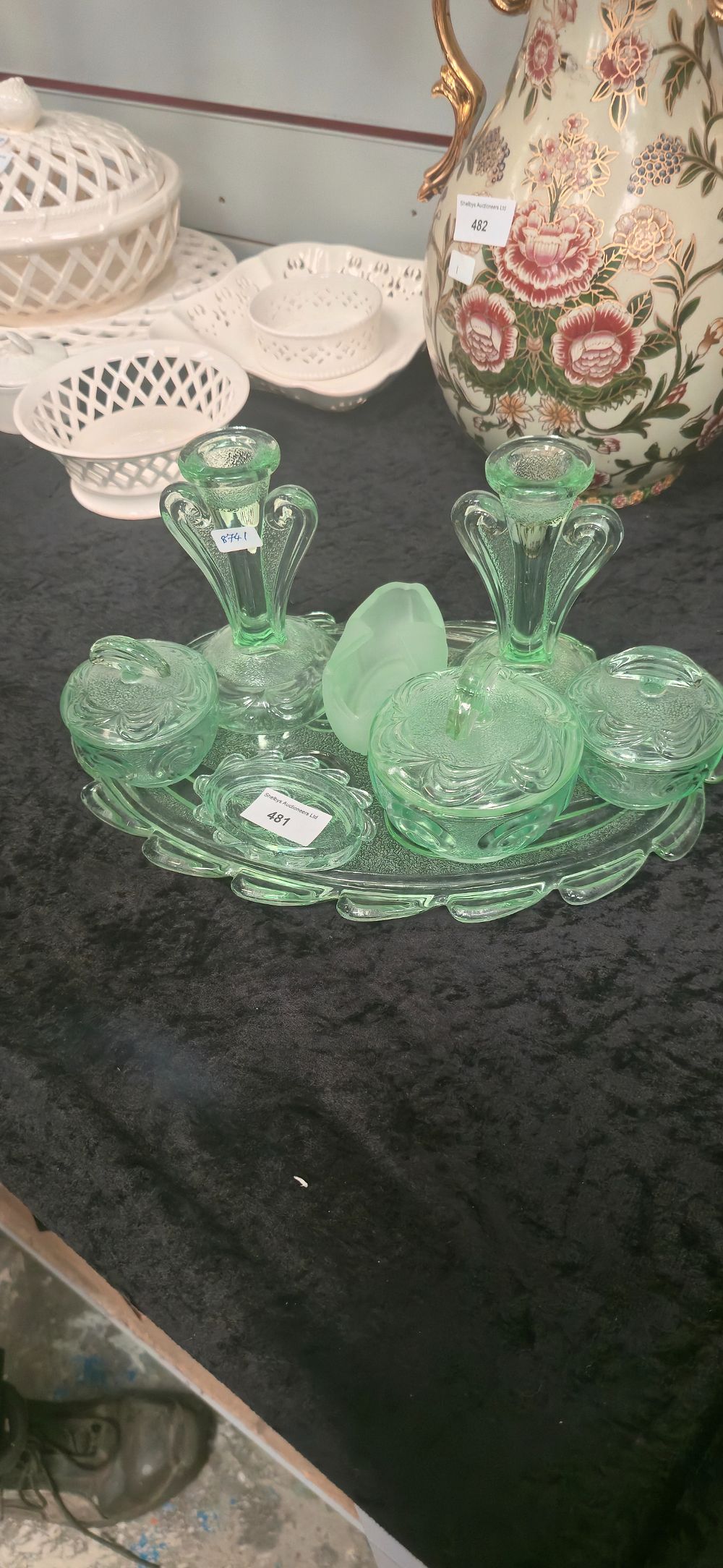 Lot 481: Ladies, 1930s green glass trinket dressing table set
