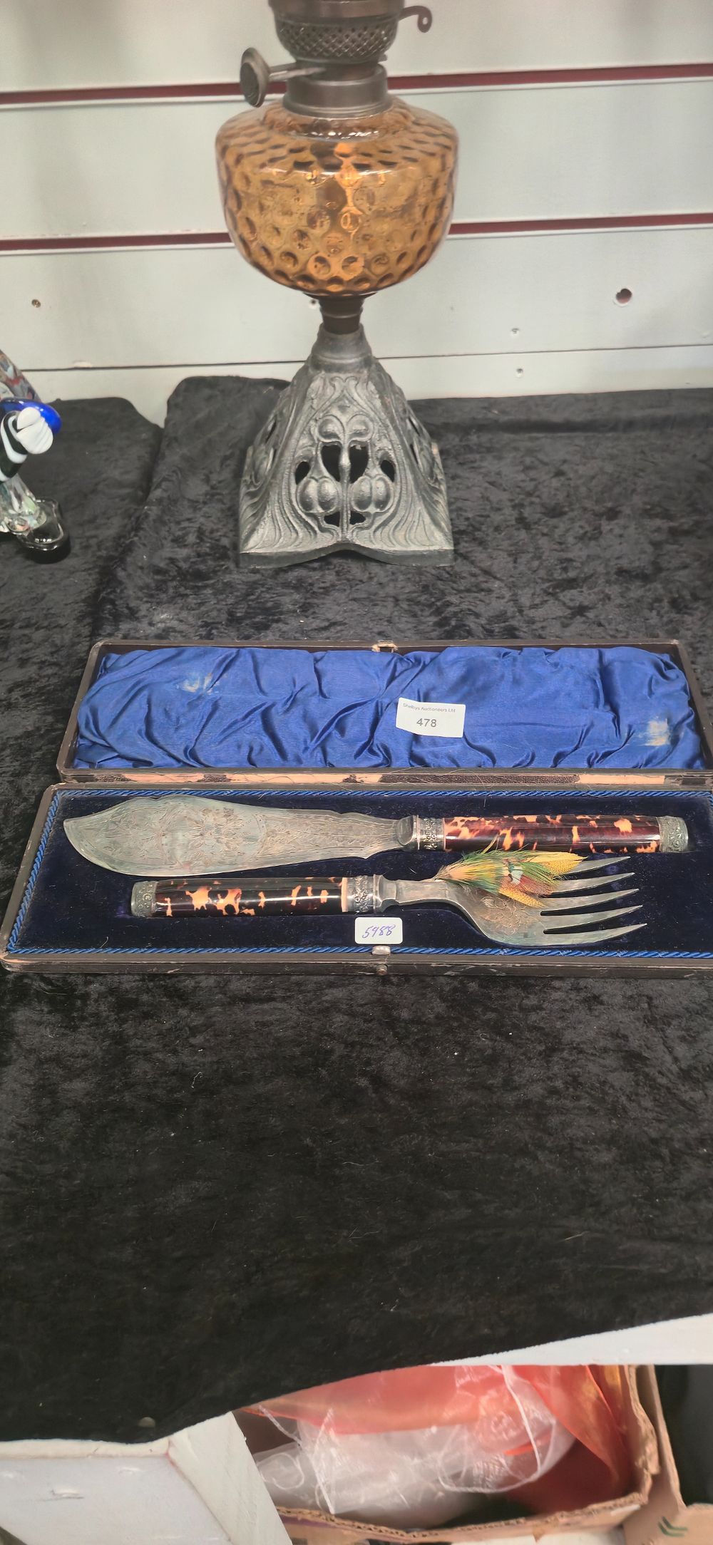 Lot 478: Tortoiseshell handle, vintage fish, knife and fork set