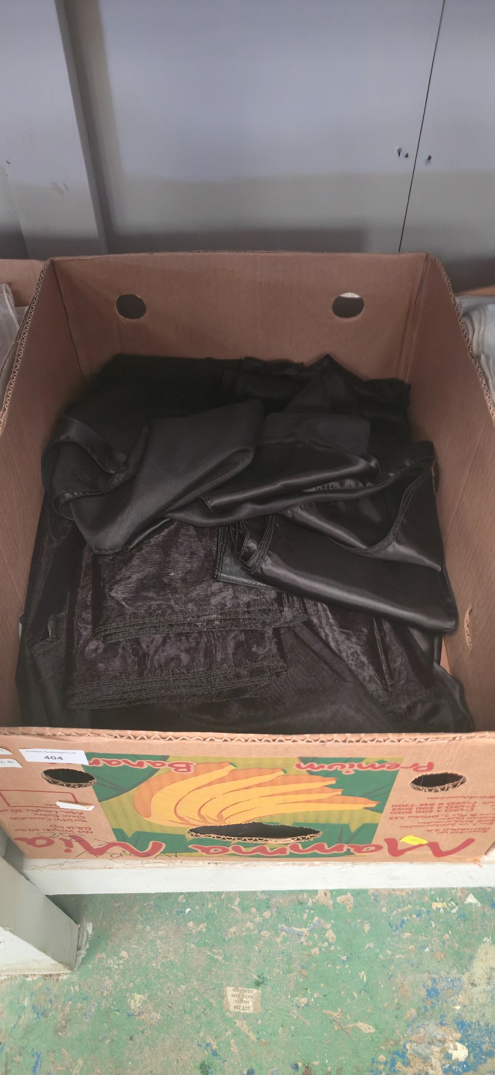 Lot 404: Box containing black chair, tiebacks