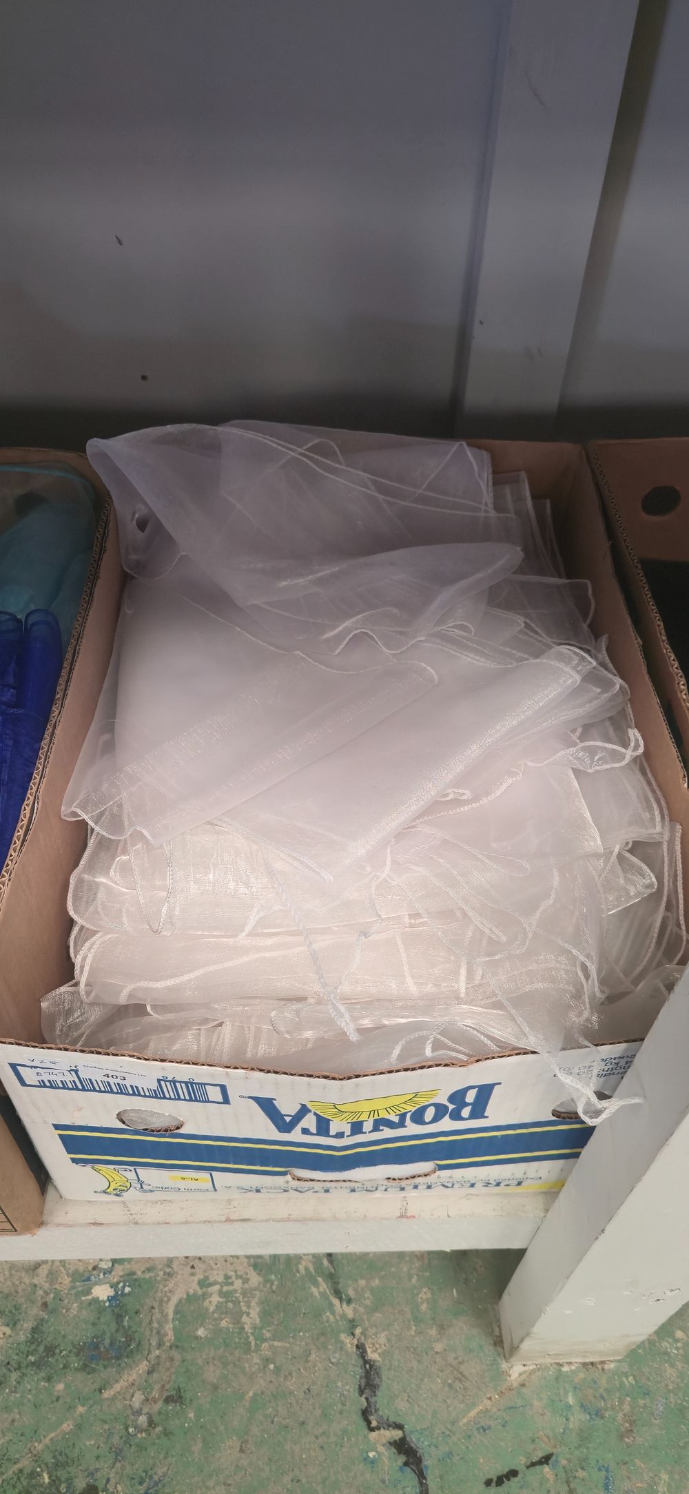 Lot 403: Box containing white chair, tiebacks