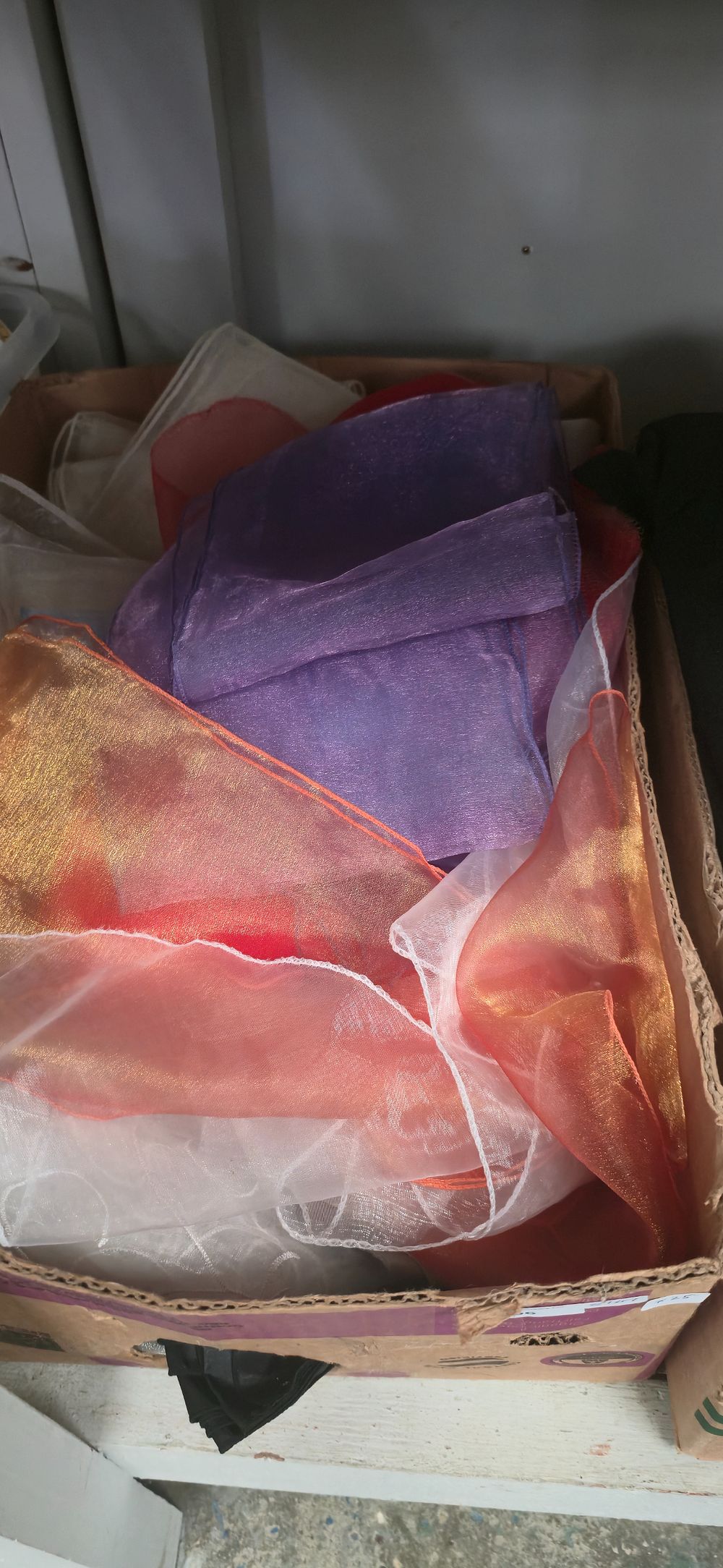 Lot 396: Box containing various coloured chair, tiebacks, coral purple,...