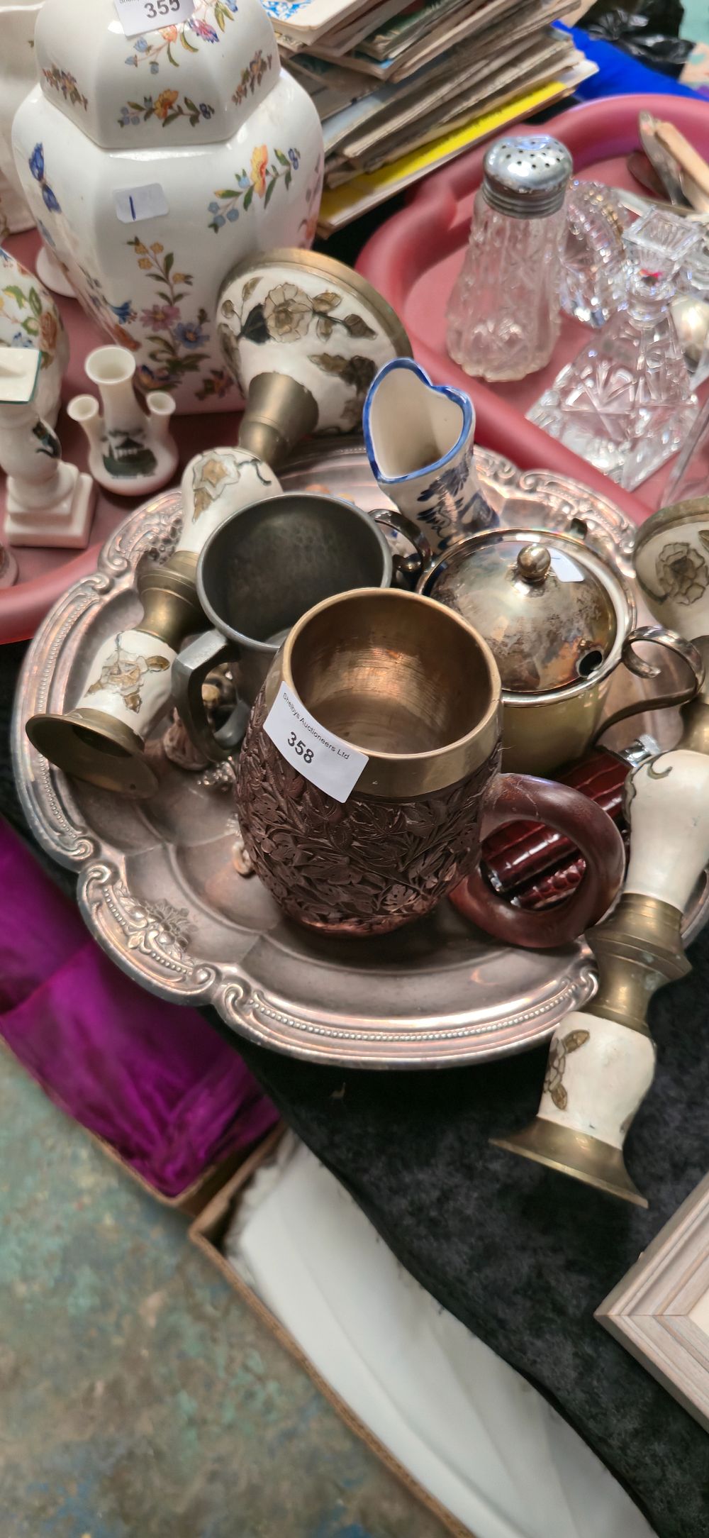 Lot 358: Selection of plated, ware items with candlesticks, tankered...