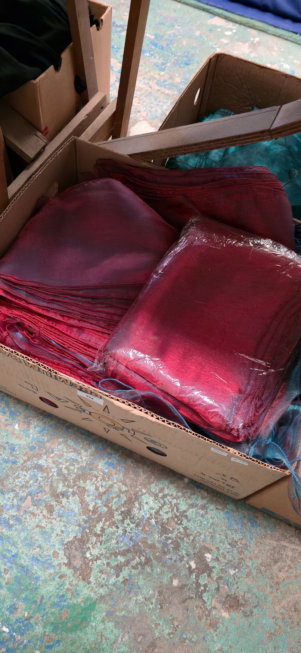 Lot 354: Box containing red and teal blue chair, tiebacks