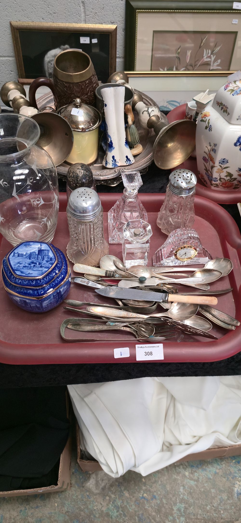 Lot 308: Tray containing various glassware items with plated ware...