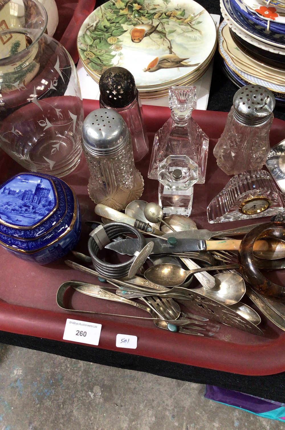 Lot 260: Assorted Silverplate Flatware, Glassware, and Decorative Items
