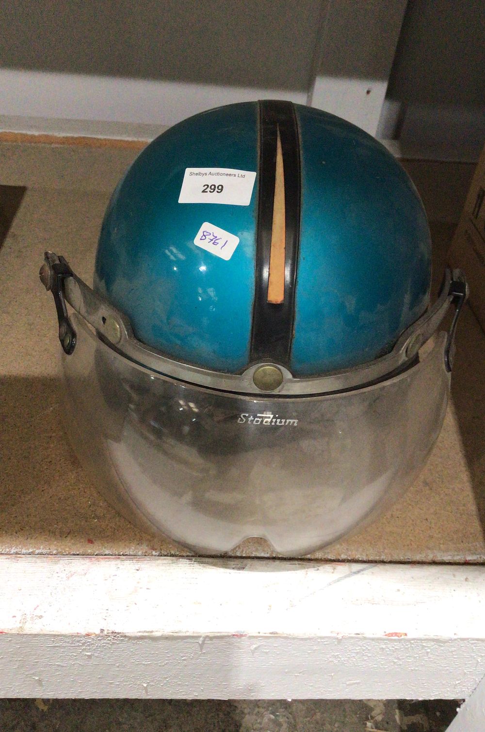 Lot 299: Vintage Blue Motorcycle Helmet with Stadium Face Shield
