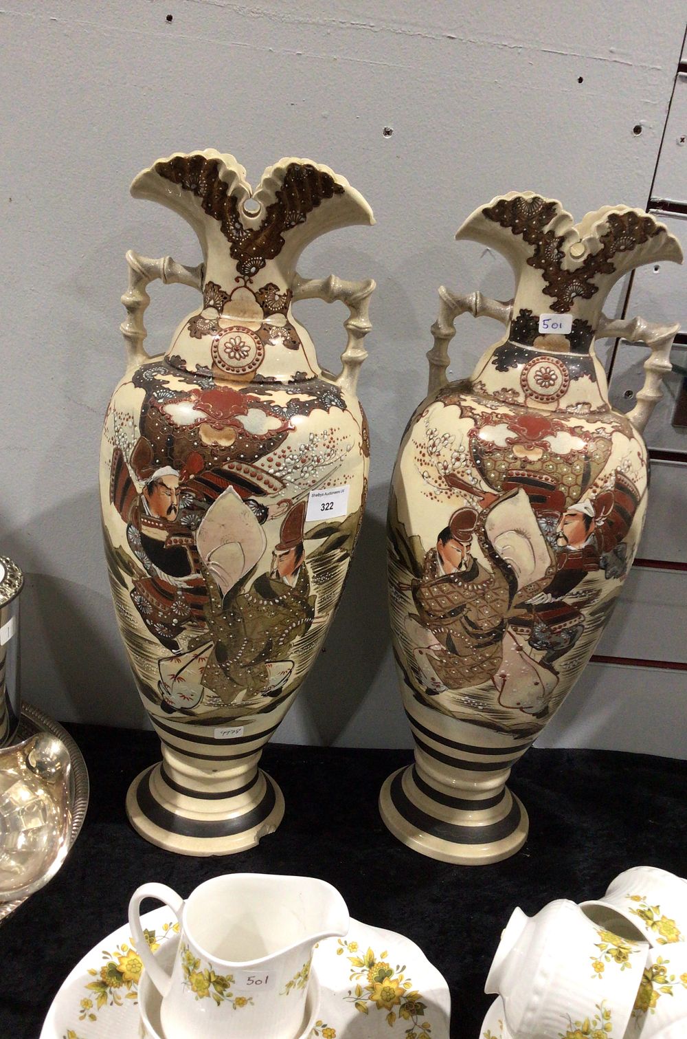 Lot 322: Pair of Vintage Hand-Painted Asian Porcelain Vases with Figures