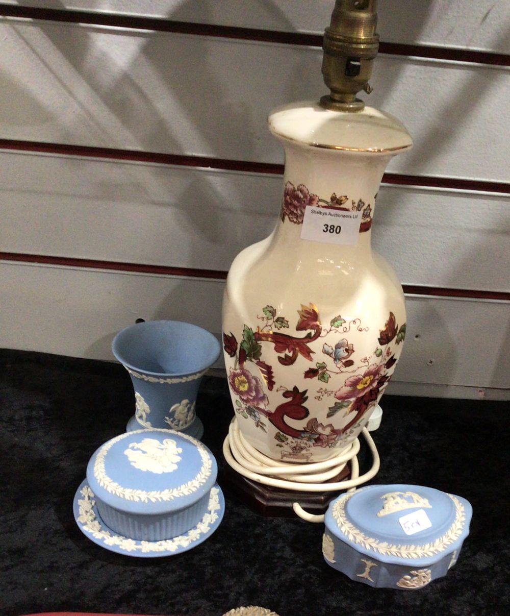 Lot 380: Masons Mandalay Pattern Lamp Base with Assorted Blue Pottery Items