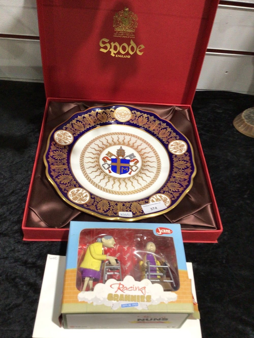 Lot 374: Spode 1982 Papal Plate and Racing Grannies Toy