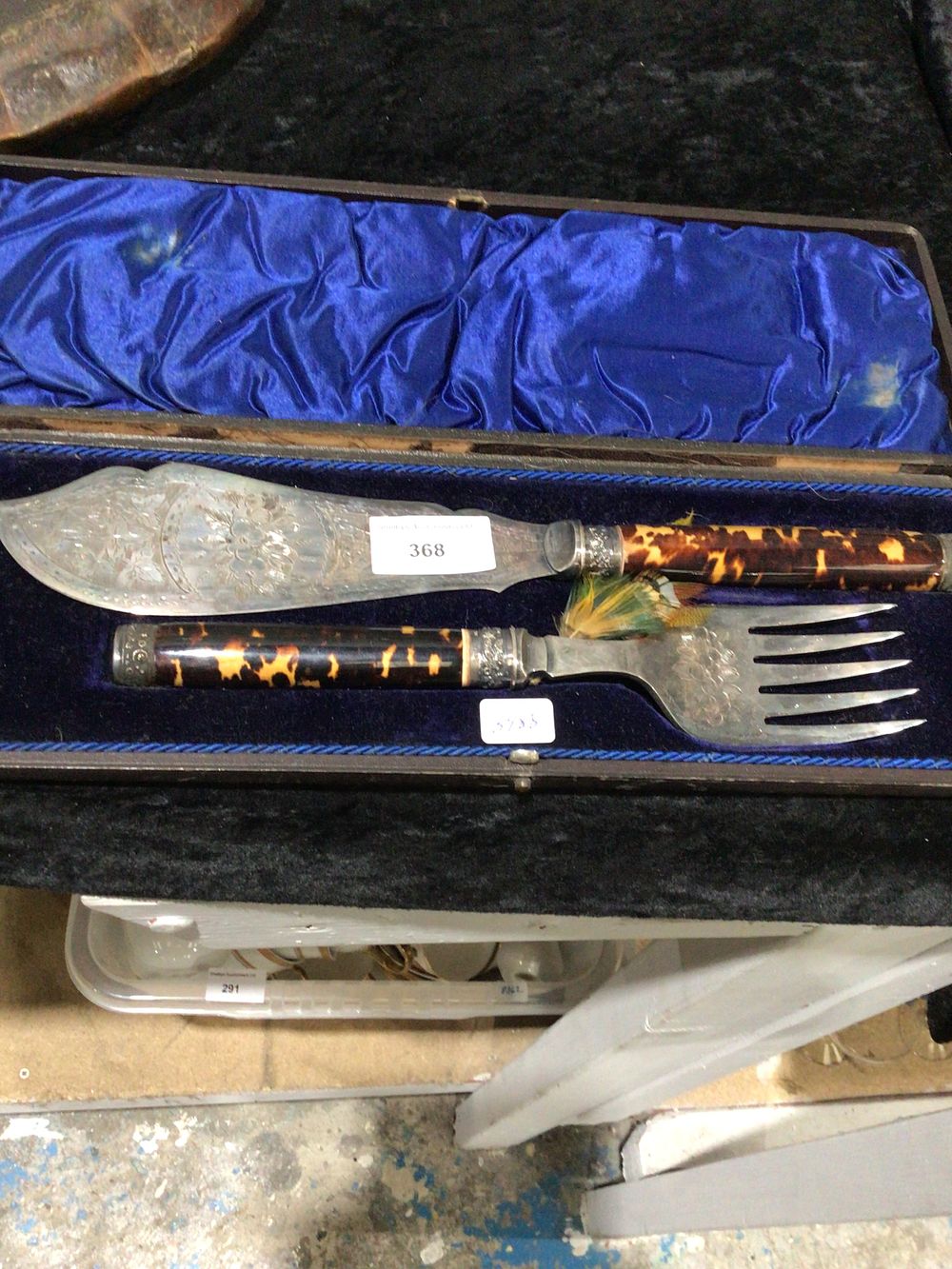 Lot 368: Antique Silver-Mounted Serving Set in Fitted Case