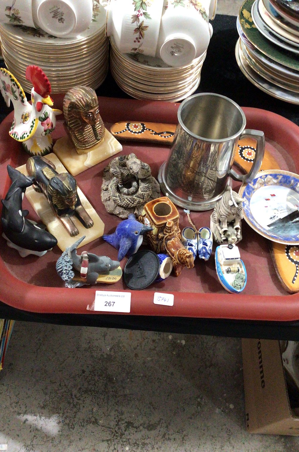 Lot 267: A Grouping of Assorted Decorative Ornaments and Pewter Tankard
