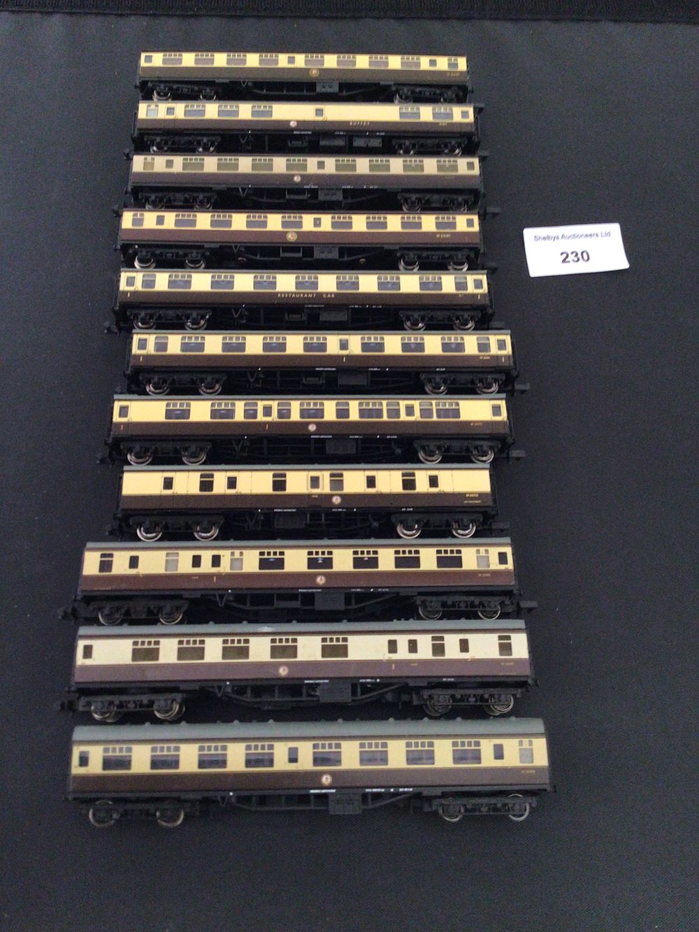 Lot 230: 11 Graham Farish N gauge coaches WR choc and cream