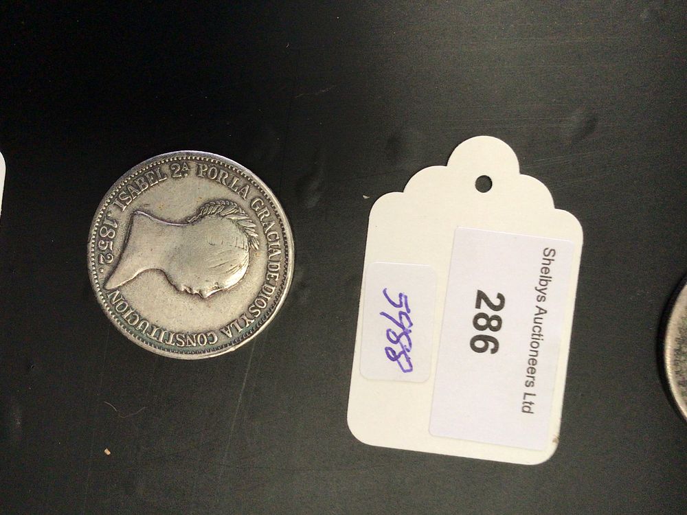 Lot 286: Spanish, silver, 20 reales coin dated 1852