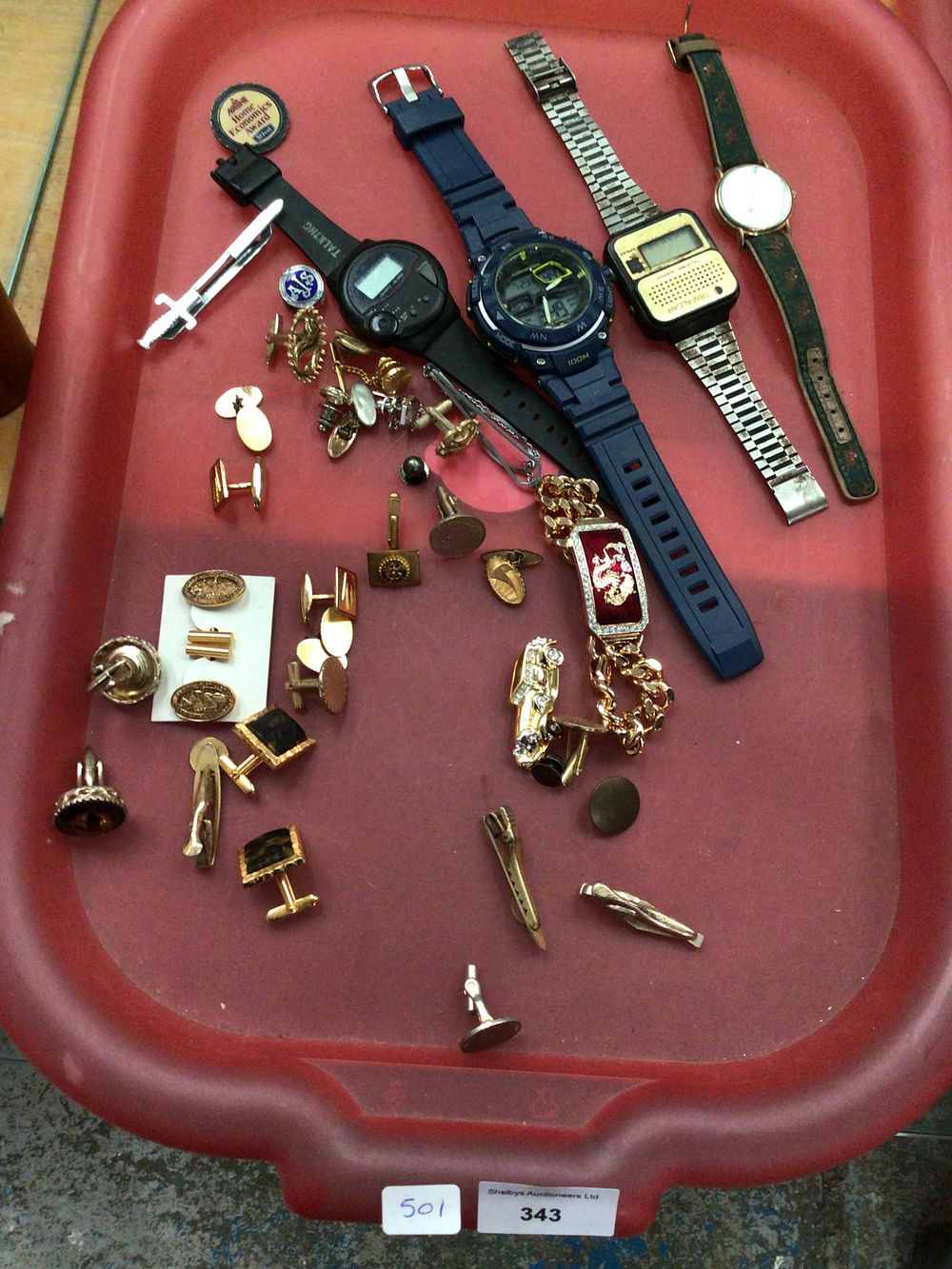 Lot 343: Tray containing vintage gents, digital watches, cufflinks, bracelet, tiepins