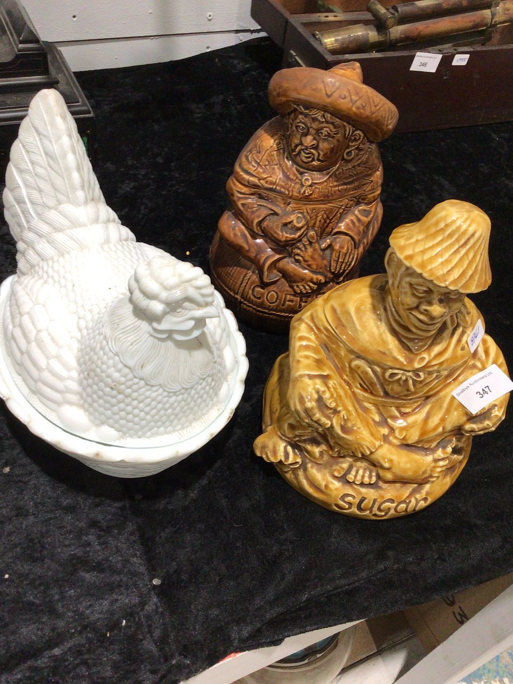 Lot 354: Antique Milk Glass Chicken on Nest and Two Figural Ceramic Jars