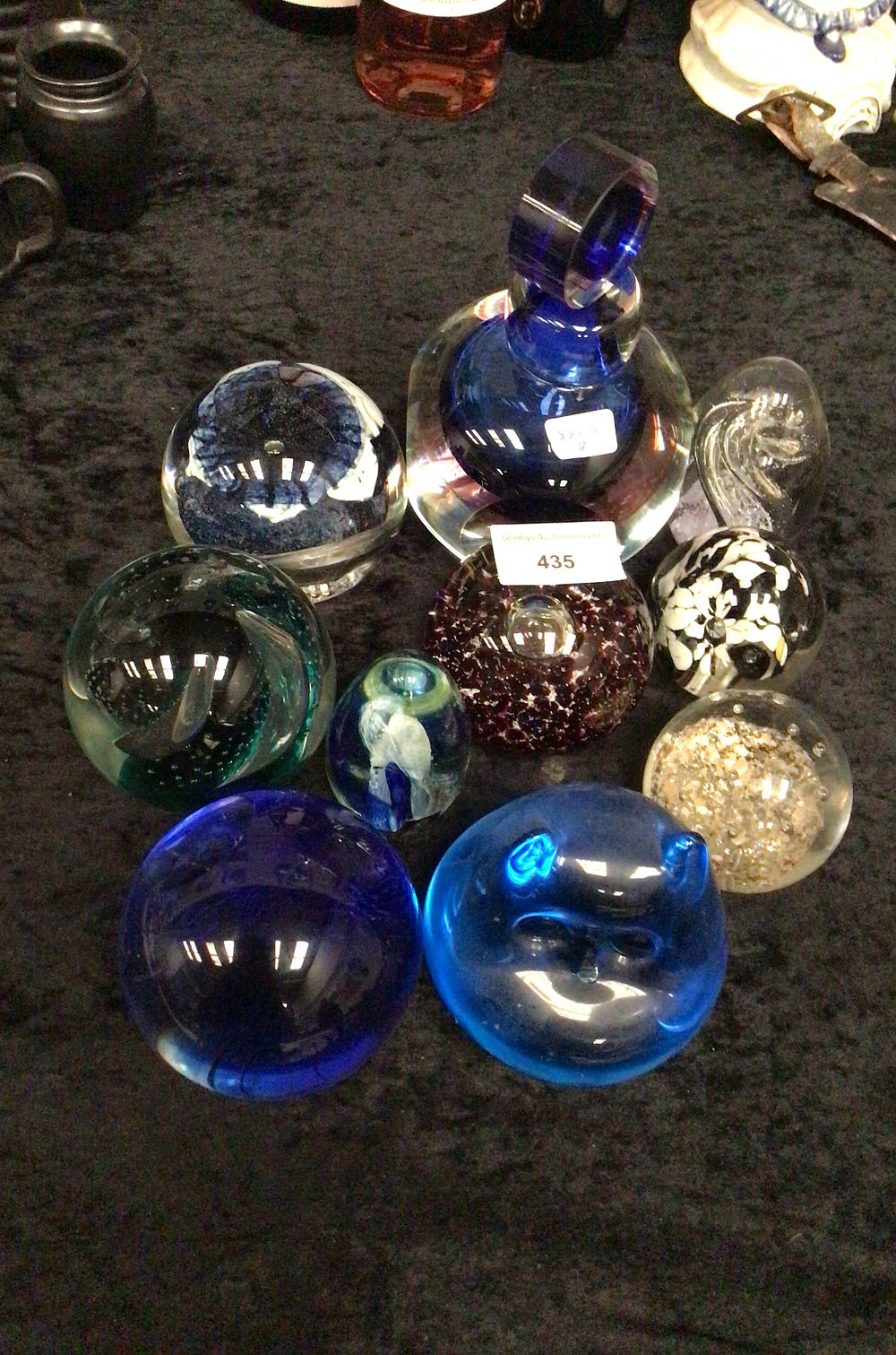 Lot 435: A Group of Ten Assorted Art Glass Paperweights and Decanter