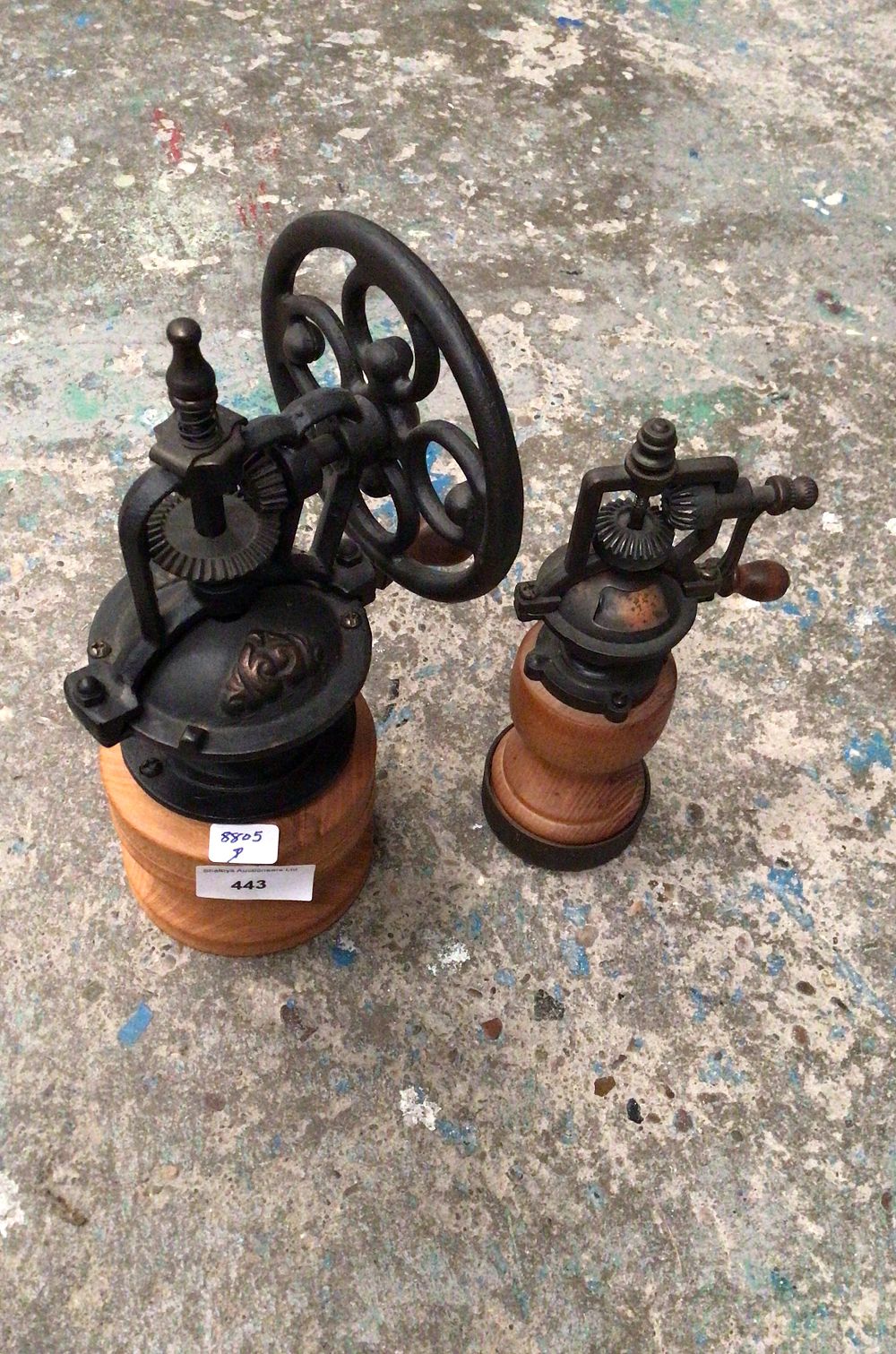 Lot 443: Two Vintage Style Wood and Metal Coffee Grinders