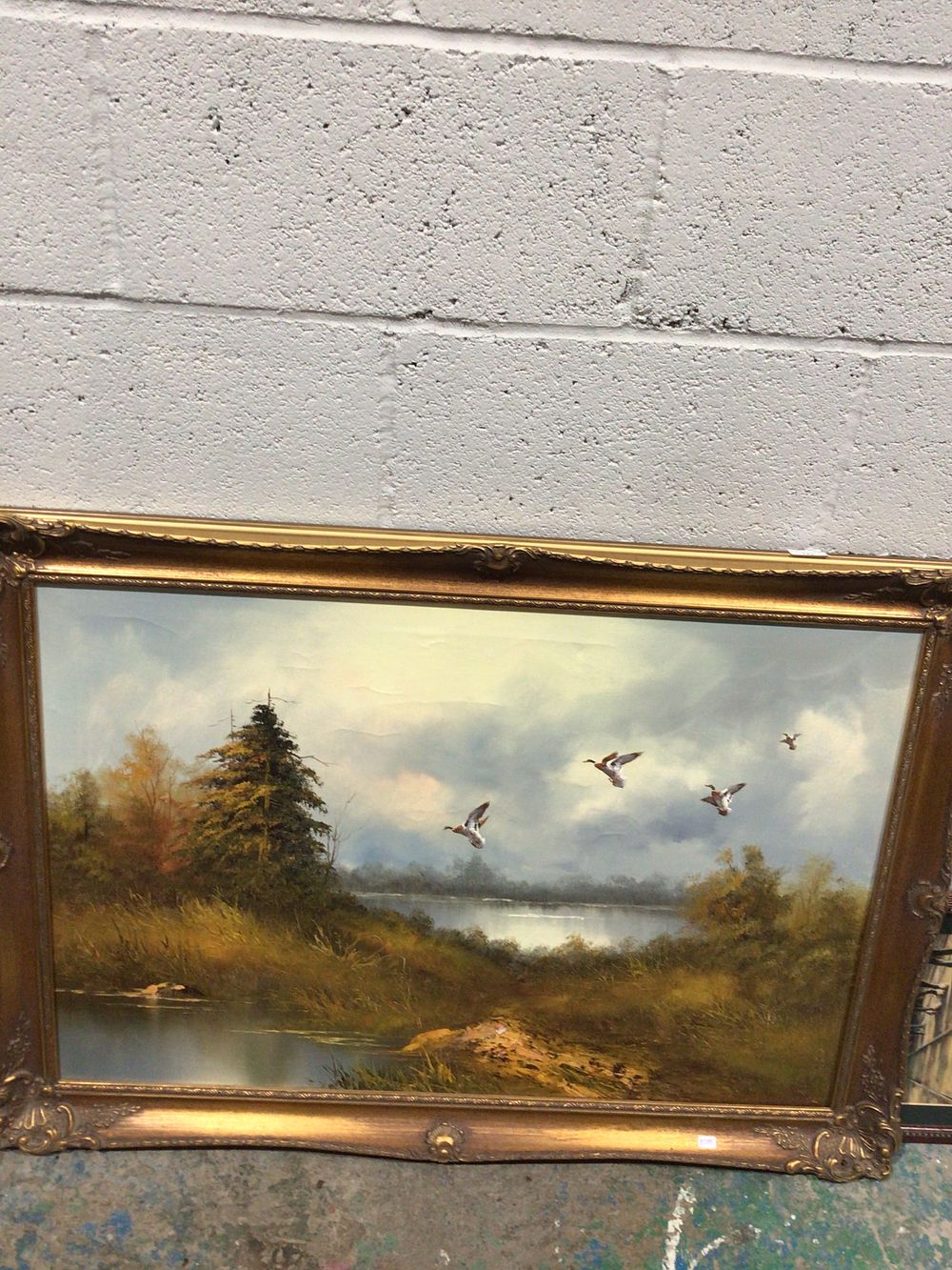Lot 160: Large framed, acrylic on canvas, depicting, ducks, flying seen by unknown artist