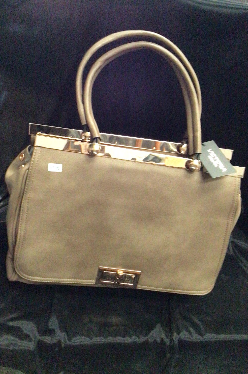 Lot 199: Taupe Suede Textured Handbag with Gold Hardware