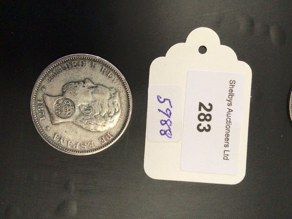 Lot 233: 1871 five pesetas coin, Armadeo Silver