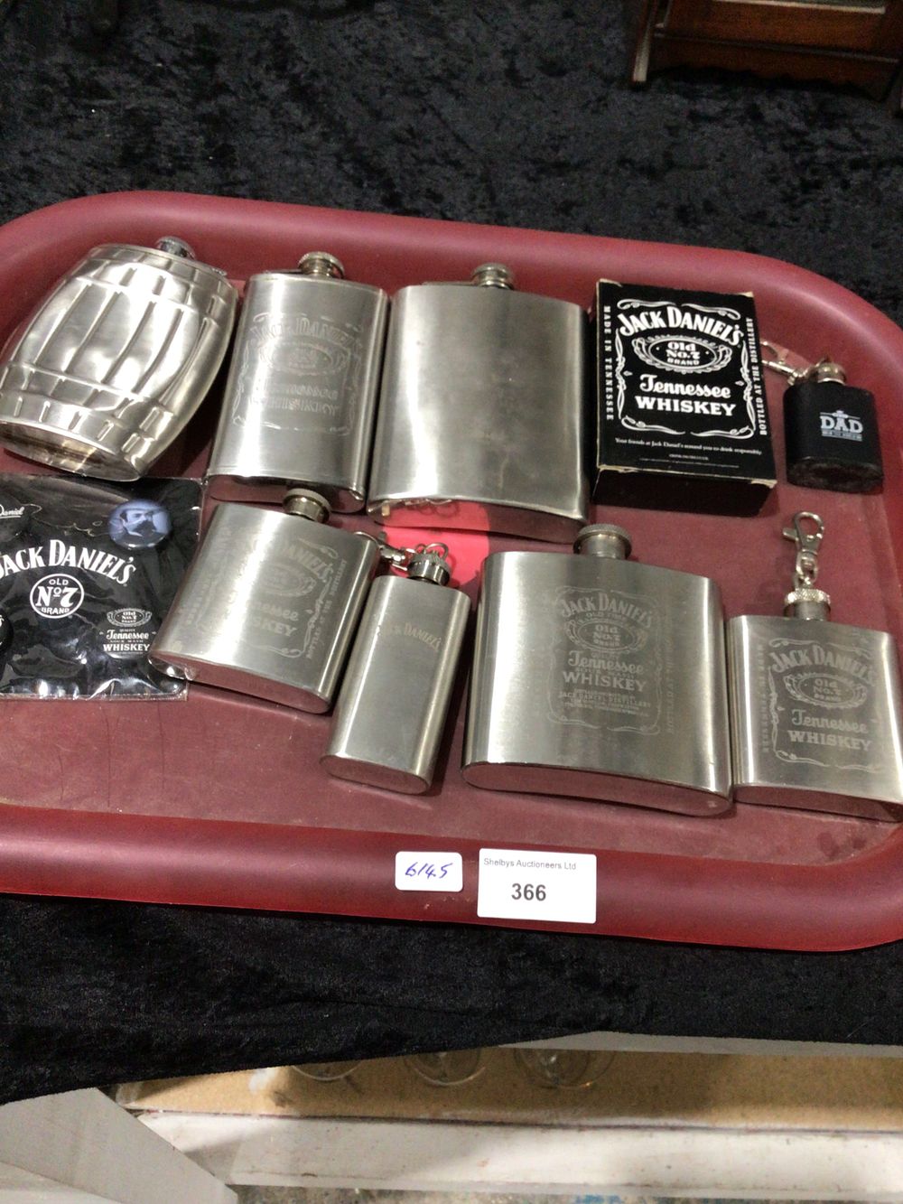 Lot 282: Collection of Jack Daniel's Branded and Other Stainless Steel Hip Flasks