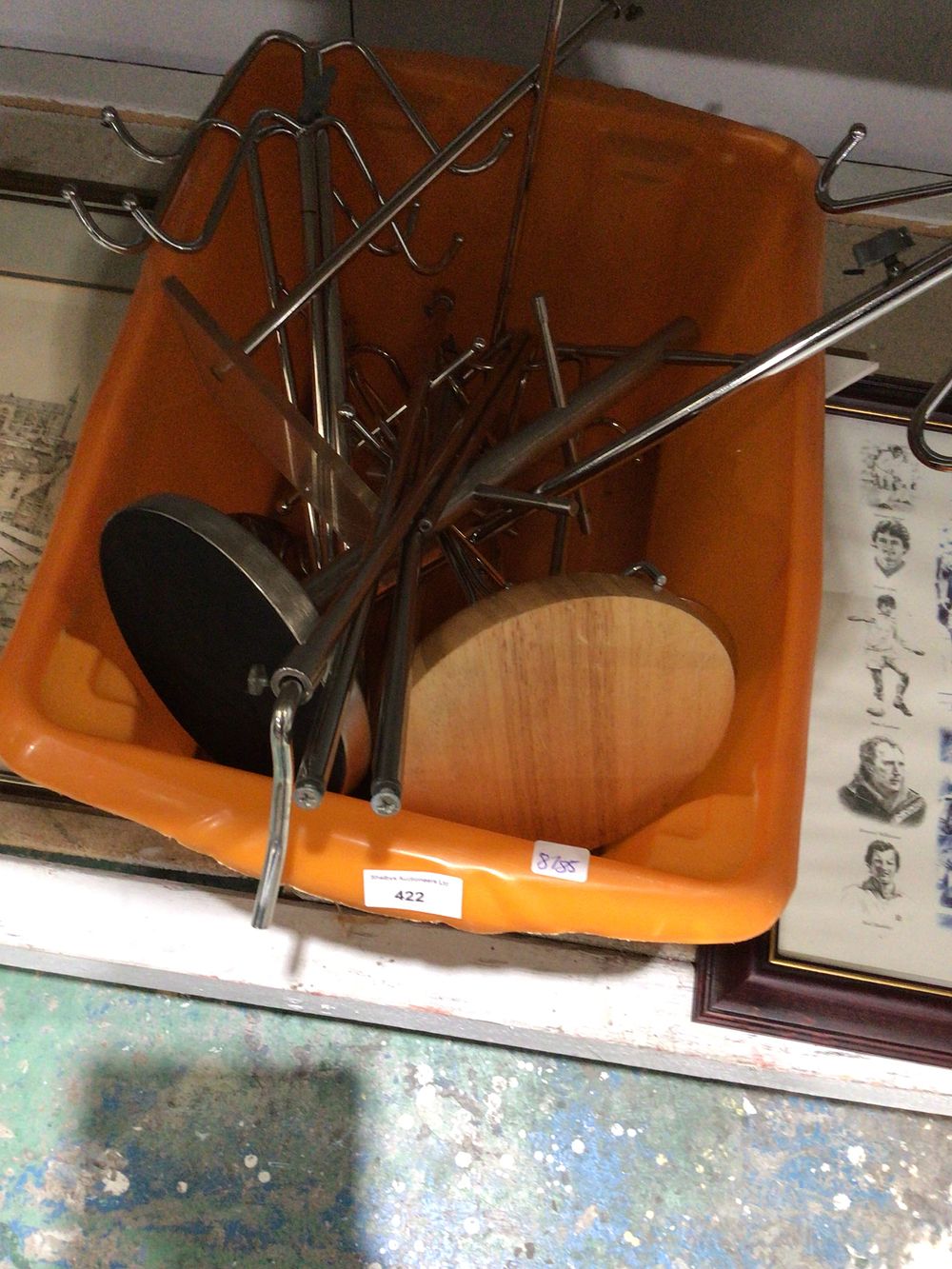Lot 374: Box containing various metal and wooden display stands