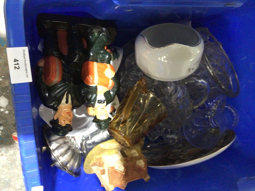 Lot 327: Box containing various glassware items with Laurel & Hardy figure etc
