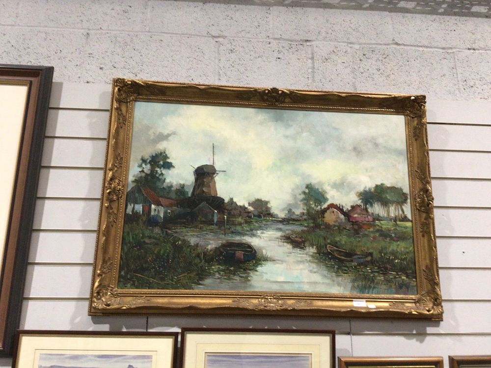 Lot 151: Signed Oil Painting, Dutch Landscape with Windmill and River