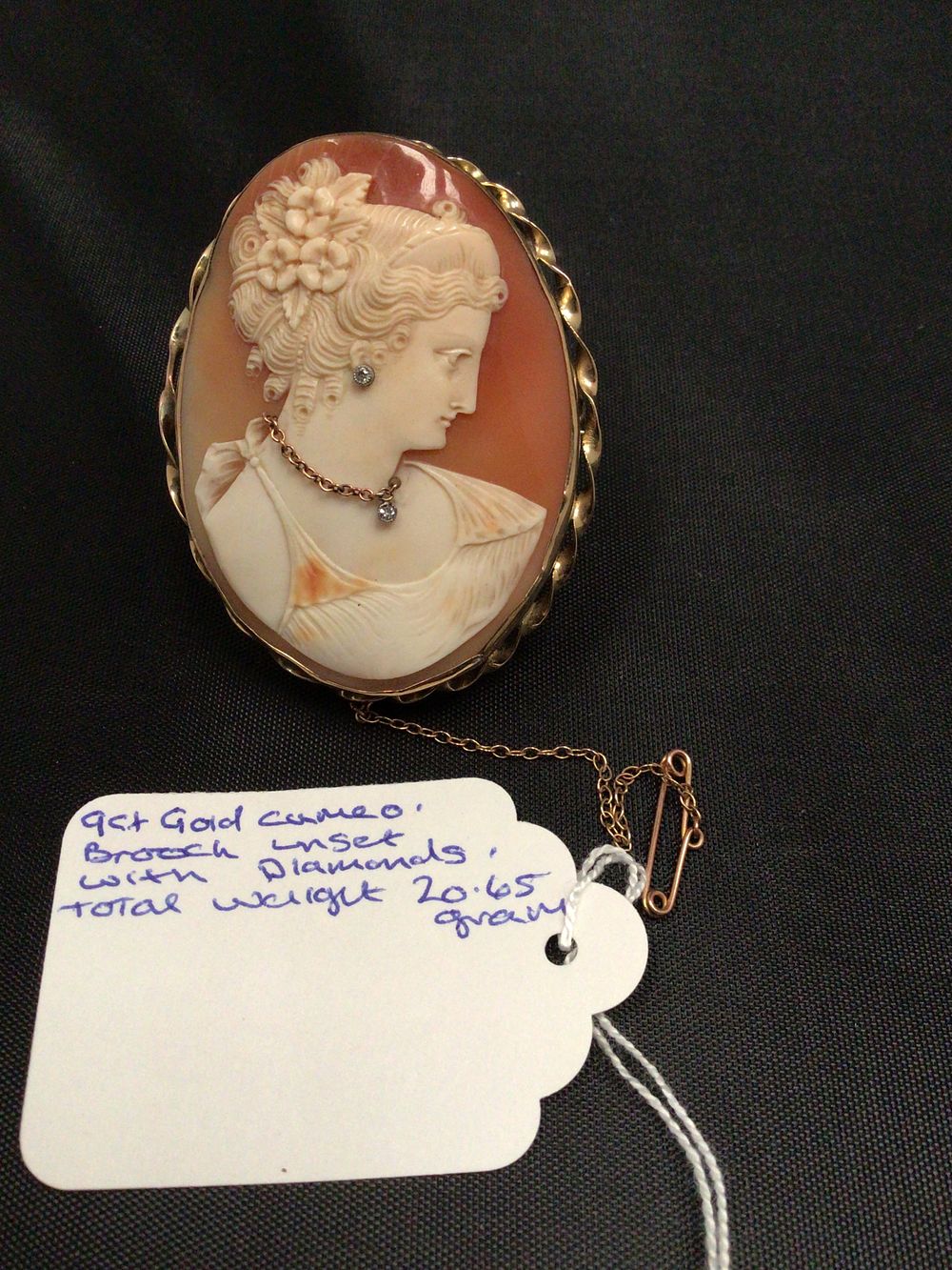 Lot 242: 9ct Gold Cameo and Diamond Brooch