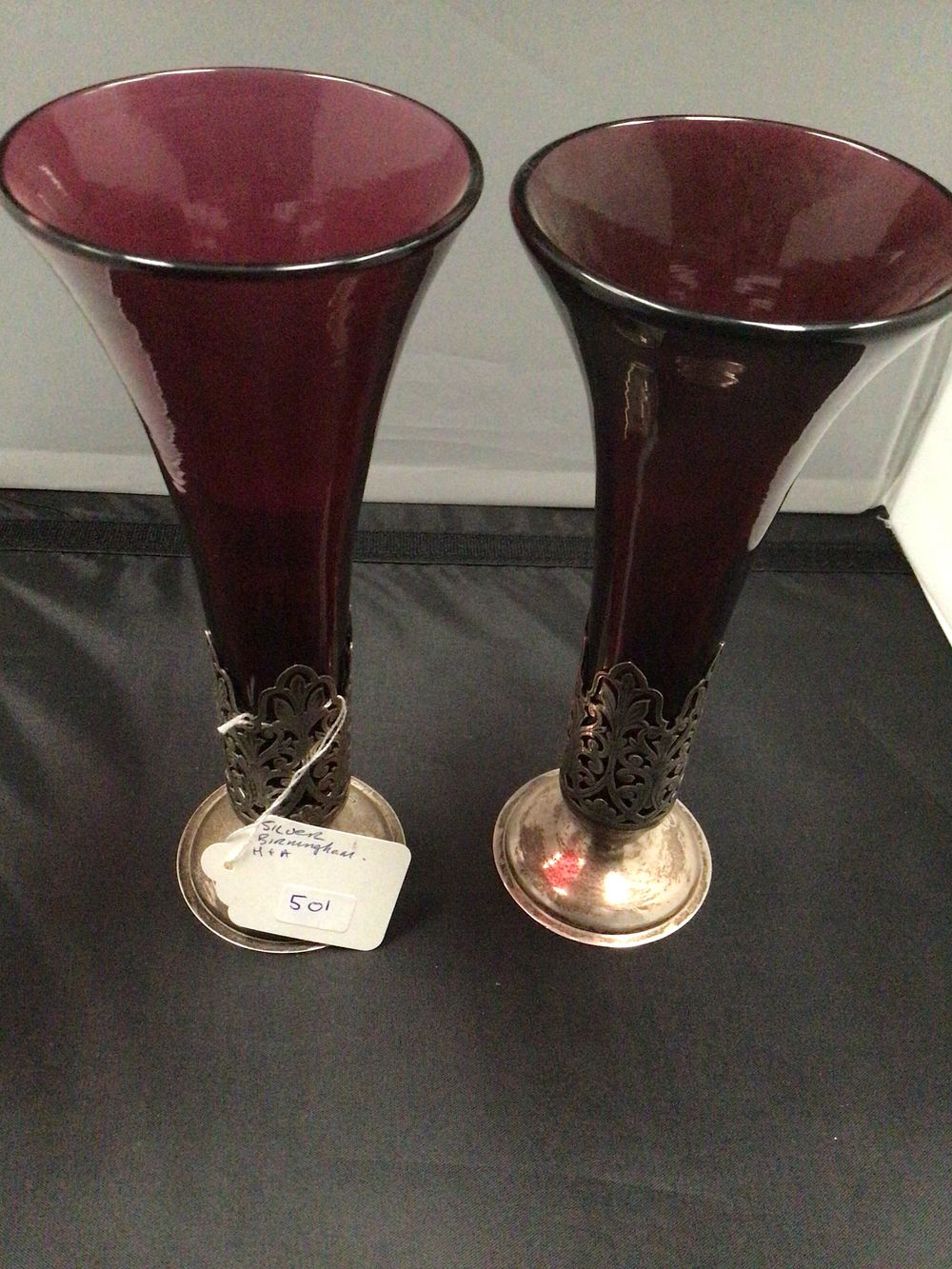 Lot 244: Two Victorian Cranberry Glass Vases with Silver Bases