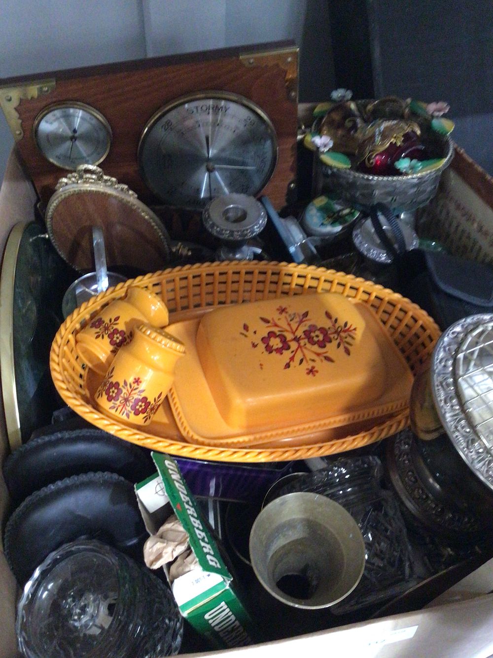 Lot 332: Vintage Plastic Floral Serving Set with box of various metal ware and barometer etc
