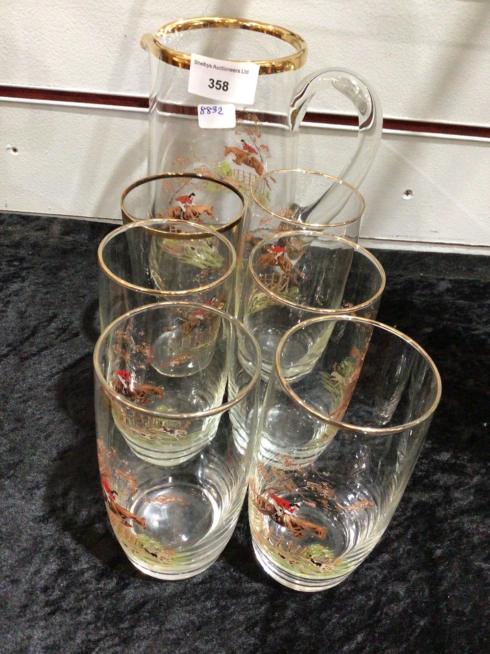 Lot 358: Vintage Gold Pheasant style Hunting Glass Pitcher and Tumblers